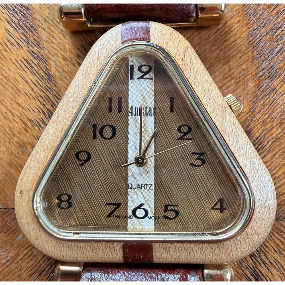 Amstar Wrist Watch Vintage Triangle Wood Face Brown Leather New